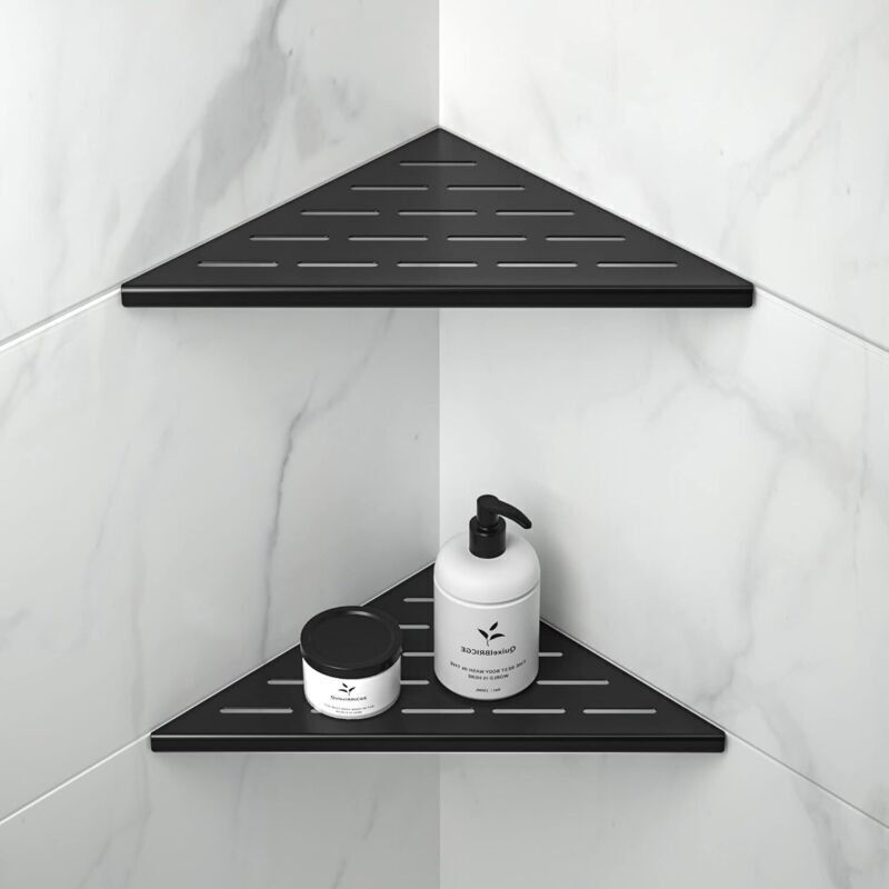 Etagère de Douche d'angle, Lot de 2 étagères de douche d'angle 200 mm noir mat en acier inoxydable 304, pour mur carrelé, sans perçage, lot de 2