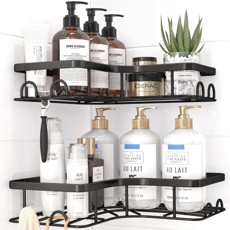 Étagère de Douche d'Angle - Lot de 4 Étagères de Salle de Bain Antirouille, Rangement Salle de Bain à Grande Capacité, Fixation Sans Perçage avec 4
