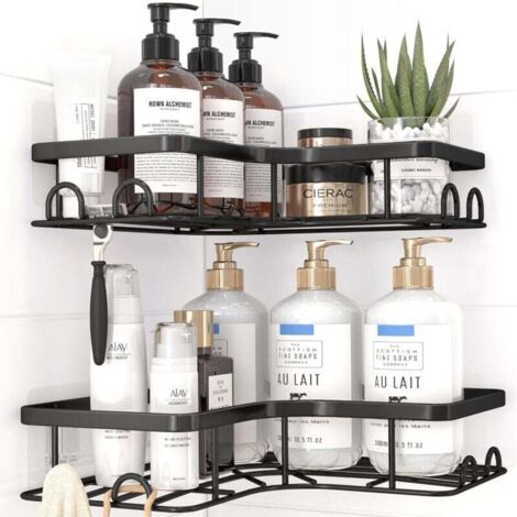 Étagère de Douche d'Angle - Lot de 4 Étagères de Salle de Bain Antirouille, Rangement Salle de Bain à Grande Capacité, Fixation Sans Perçage avec 4 Crochets Amovibles, Noir