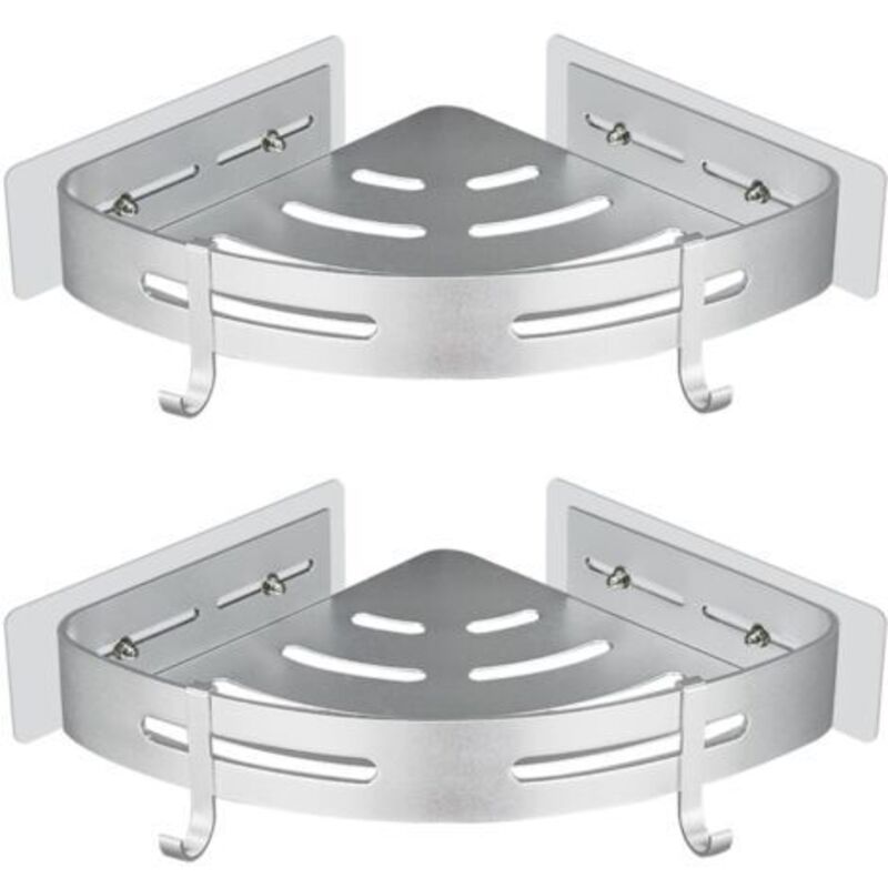 Tagère de Douche d'angle sans Perçage Adhésif Etagere de Rangement Douche Angle Organisateur Salle de Bain Argent en Aluminium Mural 2 Pièces Porte