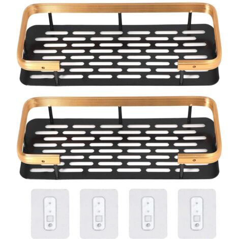 Étagère de douche double couche rectangulaire, gain de place, en aluminium, sans perçage, accessoire de salle de bain pour la maison, noir et or.