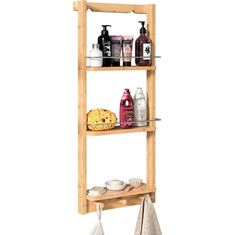 Tagère de douche en bambou avec 3 compartiments 3 crochets Serviteur de douche 70x28,5x10 cm Charge max 15kg