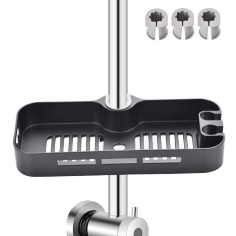 Étagère de Douche, Étagère Douche pour barre de Douche de 22-25mm, Étagère de Rail de Douche avec 2 Crochets and Support de Pommeau,(Noir)