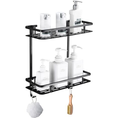 Étagère de douche noire, étagère murale de salle de bain, panier de rangement de douche en métal sans perçage (2 paniers)