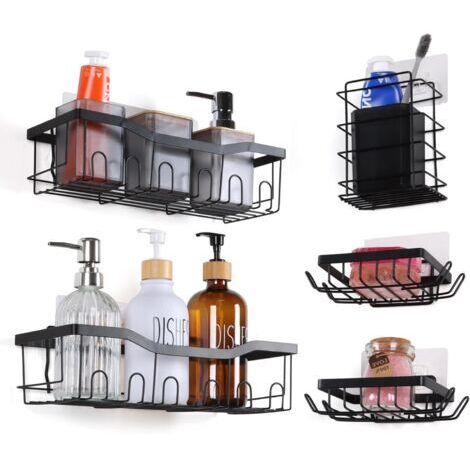 Étagère de douche, organiseur de salle de bain sans perçage, support de rangement autocollant, étagère murale antirouille pour salle de bain, cuisine et plan de travail (noir, lot de 5)