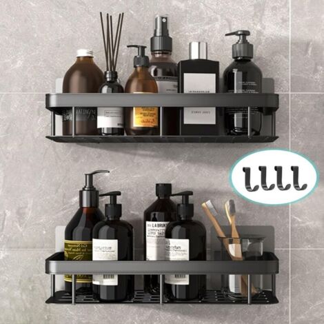Étagère de douche, panier de douche, sans perçage, panier de douche en aluminium, antirouille, charge maximale de 10 kg, étagère de douche avec 4 crochets pour serviette, brosse et gel douche - RAPAND