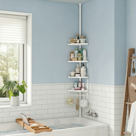Étagère de Douche, pour Salle de Bain avec 4 Tablettes, 85–305 cm, Hauteur Réglable, Blanc