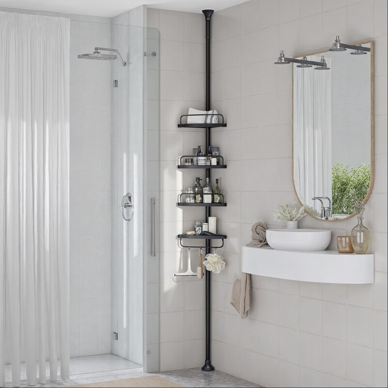 Étagère de Douche Réglable en Hauteur, 4 Niveaux, Hauteur 85 à 305 cm, Rangement de Salle de Bain, Noir