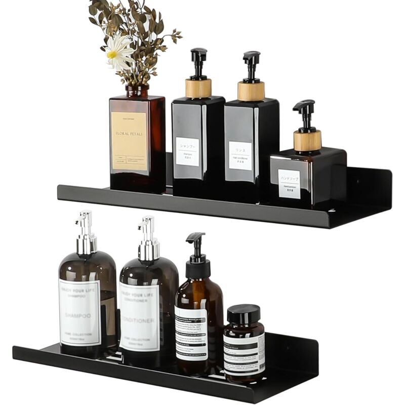 Étagère de Douche Salle de Bain, Porte Shampoing Panier Douche, Étagère Murale en Métal, Tablette Salle de Bain, 2 Pièce Finition Noir