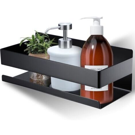 Étagère de douche sans perçage - étagère de douche montage mural en acier inoxydable autocollant noir mat, convient aux salles de bains et aux cuisines