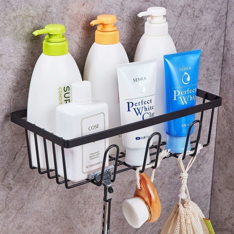 Etagère de douche sans Perçage étagère de douche noire 2 pièces panier de douche en acier inoxydable porte-savon avec 3 crochets pour douche salle de