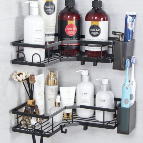Étagère de Douche sans Percage, Etagere Salle Angle de Bain, Rangement Douche pour Nettoyant pour Corps de Shampoing (4 Pièces Etagère Salle Angle- Noir)