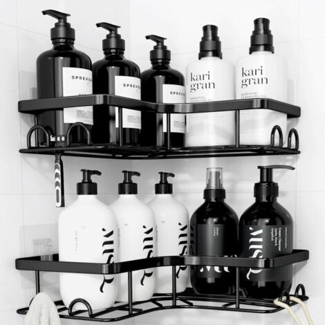 Étagère de douche sans perçage - Lot de 2, étagère d'angle grande capacité pour salle de bain, rangement de douche avec 8 crochets, gain de place dans la douche, noir