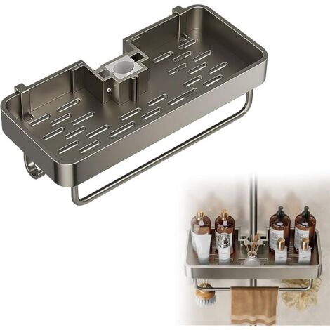 Étagère de douche sans perçage, pour barres de douche de 22 à 25 mm, en aluminium, avec panier de rangement, barre porte-serviettes et crochets, grande capacité de charge, rangement clair