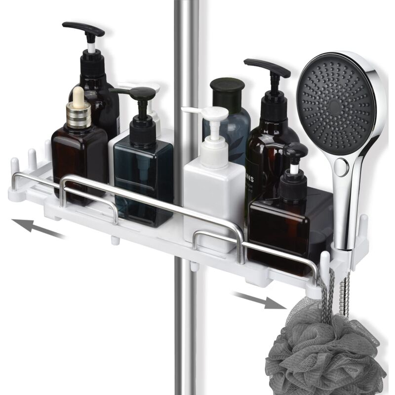 Étagère de Douche télescopique 32-48 cm, Suspendre pour Salle de Bain sans perçage, étagère de Rangement pour Barre de Douche de 18 à 25 mm (Blanc)