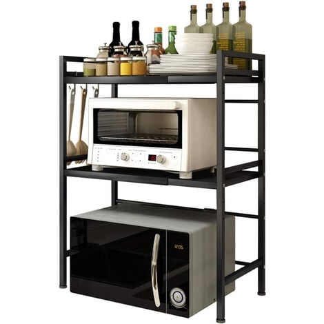 HALOYO Étagère de four à micro-ondes à 2 niveaux, étagère coulissante pour micro-ondes, étagère de cuisine en acier au carbone, support de mini four pour petites cuisines, 40/64 x 36,5 x 78 cm, noir