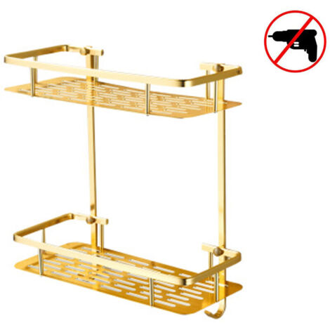 Étagère de panier de panier de douche à deux étages avec crochets pour éponge et rasoir suspendus, organisateur de porte-shampoing, étagère de salle de bain murale adhésive sans préconisé, doré