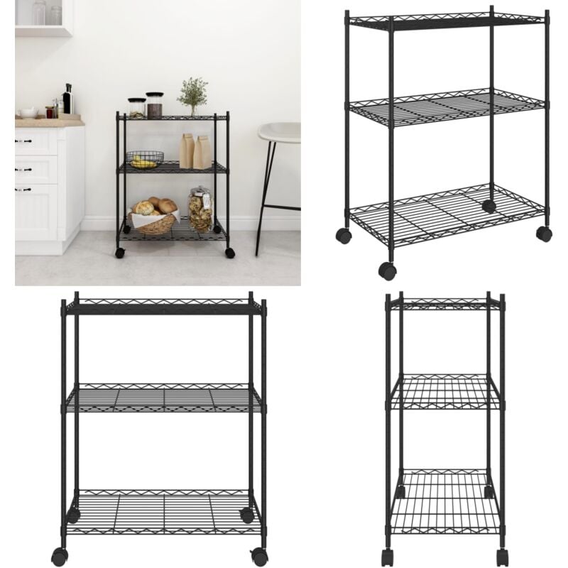 Vidaxl - tagère de rangement 3 niveaux et roues 60x35x81 cm noir 150 kg - Étagère Métallique - Rangement Intérieur - Meuble De Rangement - Étagère