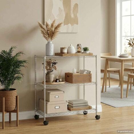 Étagère de rangement 3 niveaux Meuble Étagère Meuble de rangement et roues 60x35x81cm chrome 150kg 29753
