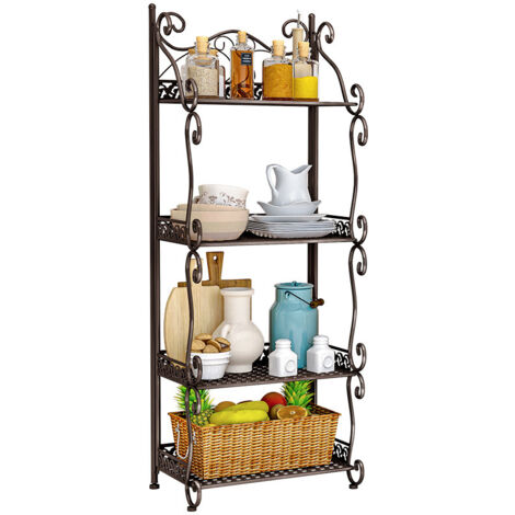 Etagère de Rangement - 4cm x 21cm x 100cm Étagère de Jardin en Fer Forgé - Porte-Plante en Métal Étagère de cuisine Meuble de Rangement Pliable 4 Niveaux de Rangement-Bronze