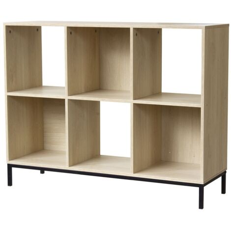 Etagère de rangement 6 cases – Dimensions 93,5 x 29,5 x 72,6 cm – Pieds métal noir – Panneaux de particules décoratifs