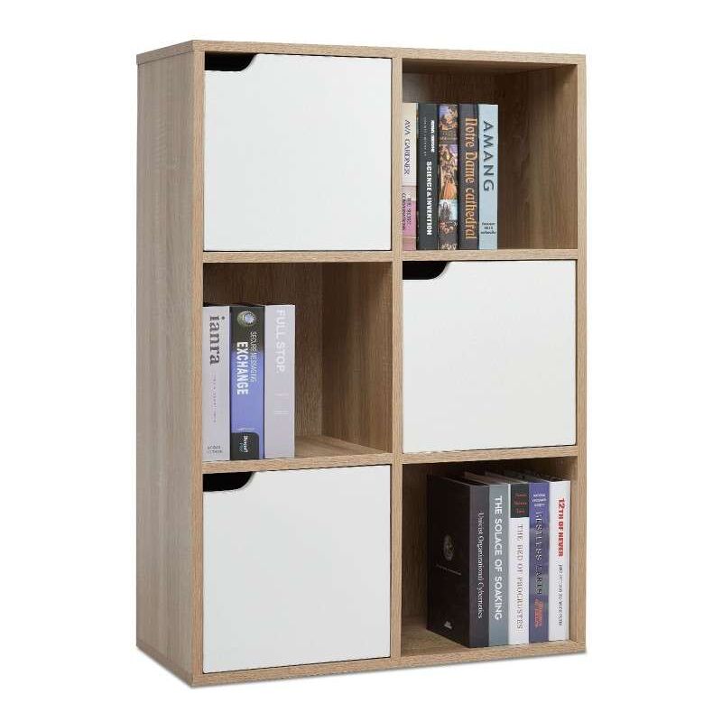Mondeer - Bibliothèque Étagère de livres meuble de rangement avec 6 compartiments inclus 3 ouvert et 3 avec porte naturel
