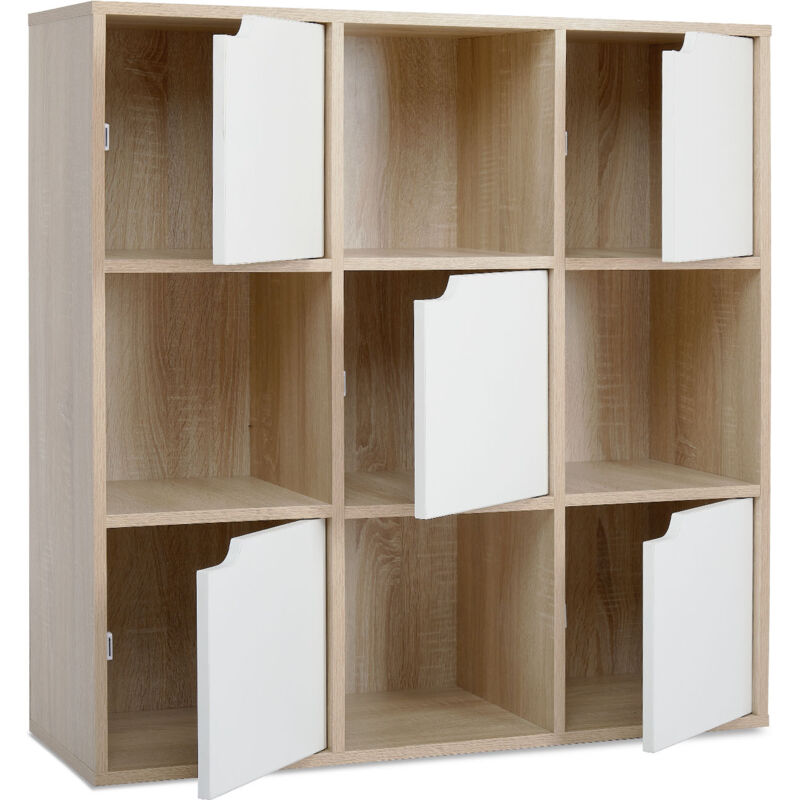 Mondeer - Bibliothèque Étagère de livres meuble de rangement avec 9 compartiments inclus 4 ouvert et 5 avec porte chêne