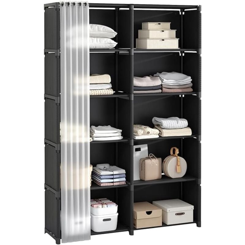 Tonchean - tagère de rangement à 6 étages, compartiments avec rideaux, bibliothèque portable, noire, meuble de rangement multifonctionnel, idéale