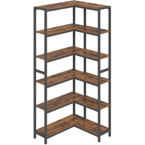 Étagère de Rangement à 6 Niveaux, Bibliothèque Moderne d’angle pour Bureau, Salon ou Chambre, Marron et Noir