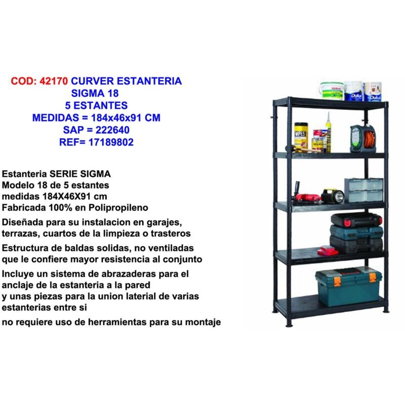 Etagère Sigma 185 de Curver avec 184x46x91 cm et 5 étagères REF-222640