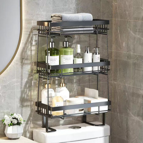 Étagère de rangement amovible noire à un seul niveau pour toilettes, sans perçage, multifonctionnelle et amovible, pour papier toilette et autres articles de toilette.