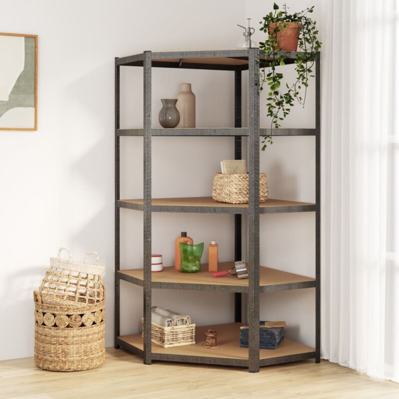 Tagère d'angle 5 niveaux Gris Acier et bois d'ingénierie