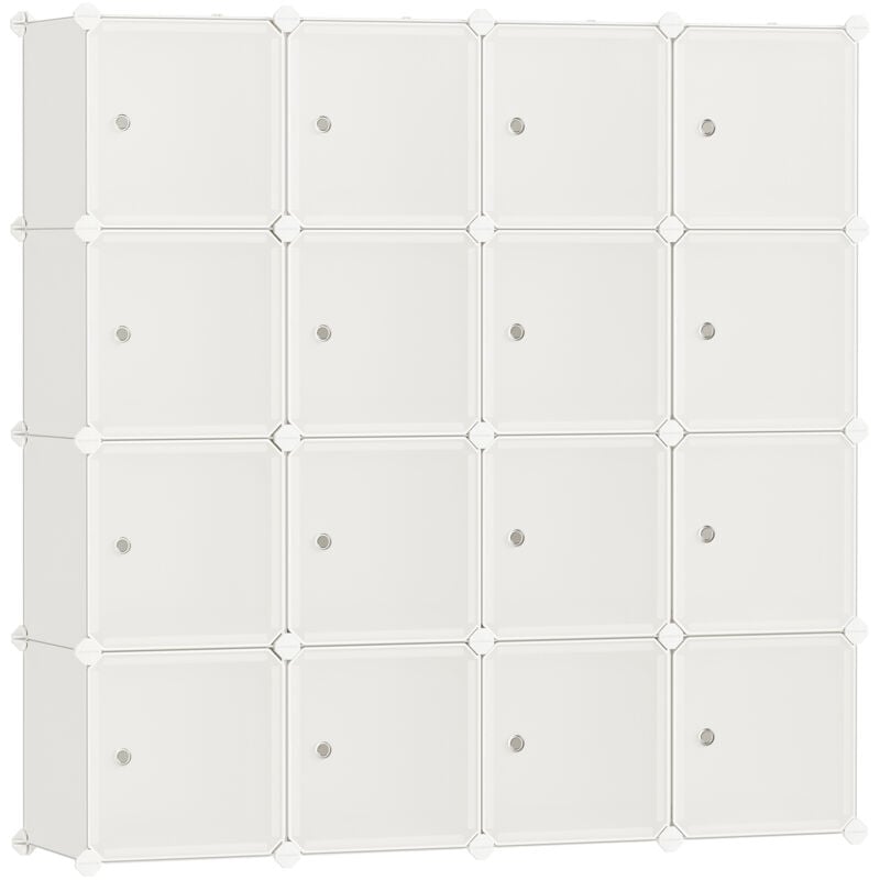 Songmics - Meuble de Rangement Modulable, 16 Cubes, Étagère en Plastique, avec Portes, pour Vêtements, Chaussures, Livres, Assemblage Facile, Blanc