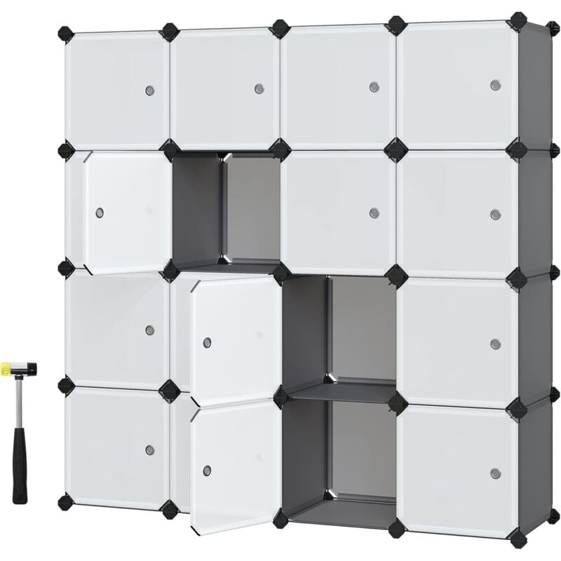 Songmics - Meuble de Rangement Modulable, 16 Compartiments, Étagère en Plastique, avec Portes, pour Vêtements, Chaussures, Jouets, Livres, Assemblage