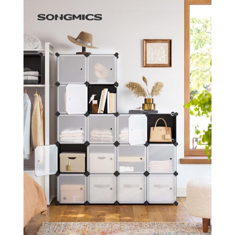 Songmics - Meuble de Rangement Modulable, 16 Compartiments, Étagère en Plastique, avec Portes, pour Vêtements, Chaussures, Jouets, Livres, Assemblage