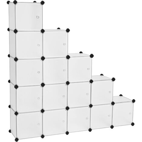 Étagère de Rangement avec 16 Casiers, Armoire Plastique avec Porte modulable, bac Meuble casier Cube, etageres Cubes, Stable, Assemblage Facile, Blanc LPC44BS
