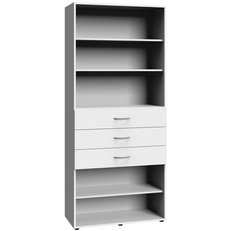 Etagère de rangement avec 3 tiroirs et 3 tablettes en mélamine coloris blanc - longueur 80 x hauteur 185 x profondeur 40 cm
