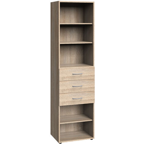 Etagère de rangement avec 3 tiroirs et 3 tablettes en mélamine coloris imitation chêne - longueur 40 x hauteur 185 x profondeur 40 cm