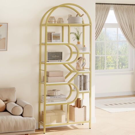 Étagère de Rangement, Bibliothèque, 6 Niveaux, Porte-plantes, 30 x 75 x 200 cm, Verre Trempé, pour Bureau, Salon, Chambre, Cuisine, Doré Métallique