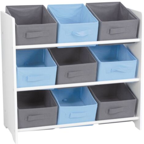 Étagère de Rangement Chambre Enfant Blanche avec 9 Paniers Bleus et Gris