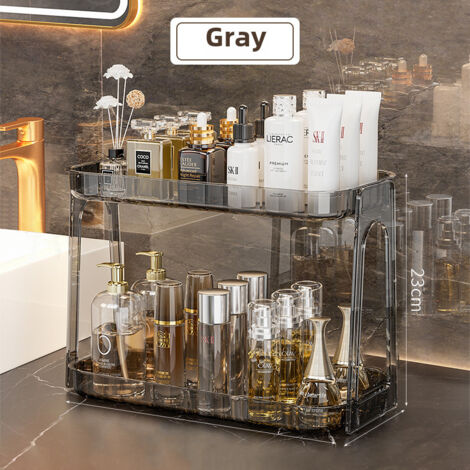 Étagère de rangement cosmétique double couche grise pour toilettes, 33 x 16 x 23 cm, étagère légère et luxueuse pour produits de soin de la peau.