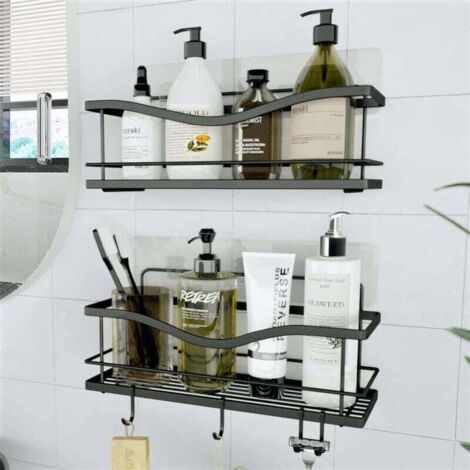Etagère de Rangement de Douche Lot de 2 - Panier Salle de Bain sans Perçage - Étagère Murale Noire de Rangement pour Douche & Baignoire avec Crochets pour Accessoires