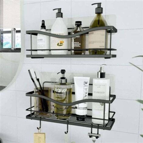 Etagère de Rangement de Douche Lot de 2 - Panier Salle de Bain sans Perçage - Étagère Murale Noire de Rangement pour Douche & Baignoire avec Crochets pour Accessoires-Crezuo