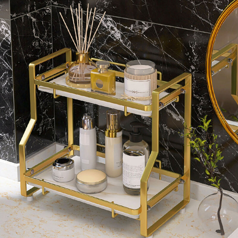 Étagère de rangement de salle de bain, étagère de rangement d'angle murale pour salon chambre à coucher cuisine à 2 niveaux blanc et or