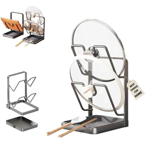 Étagère de rangement double couche en acier inoxydable 304 pour couvercles de casseroles avec plateau d'égouttement amovible, porte-spatule à deux compartiments pour divers couvercles et ustensiles de