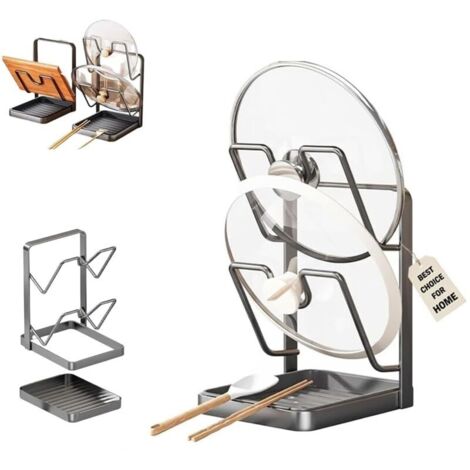 Étagère de rangement double couche en acier inoxydable 304 pour couvercles de casseroles avec plateau d'égouttement amovible, porte-spatule à deux compartiments pour divers couvercles et ustensiles de