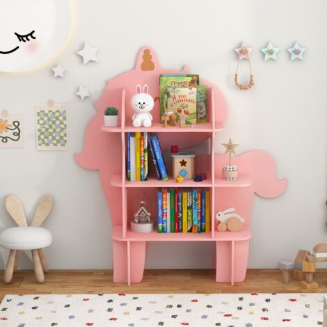 Étagère de rangement Étagère à Livres 3 Niveaux Unicorne Étagères Ouvertes Anti-Basculement 3-12 Ans Rose CW95957