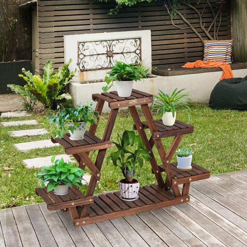 Tagère de rangement Étagère Plantes Bois 6 Tablettes, Charge 10KG/Niveau, Terrasse/Jardin CW41984