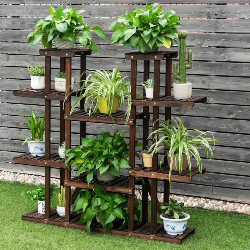 Tagère de rangement Étagère Plantes Bois 9 Tablettes, 18 Pots, Charge 10KG/Niveau CW54719