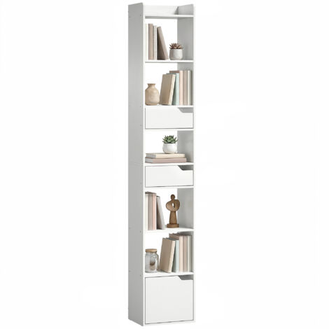 Étagère de rangement étroite blanche 32x24x181,5cm avec porte, 2 tiroirs et compartiments ouverts, bibliothèque fine pour petit espace, meuble de salon ou bureau.